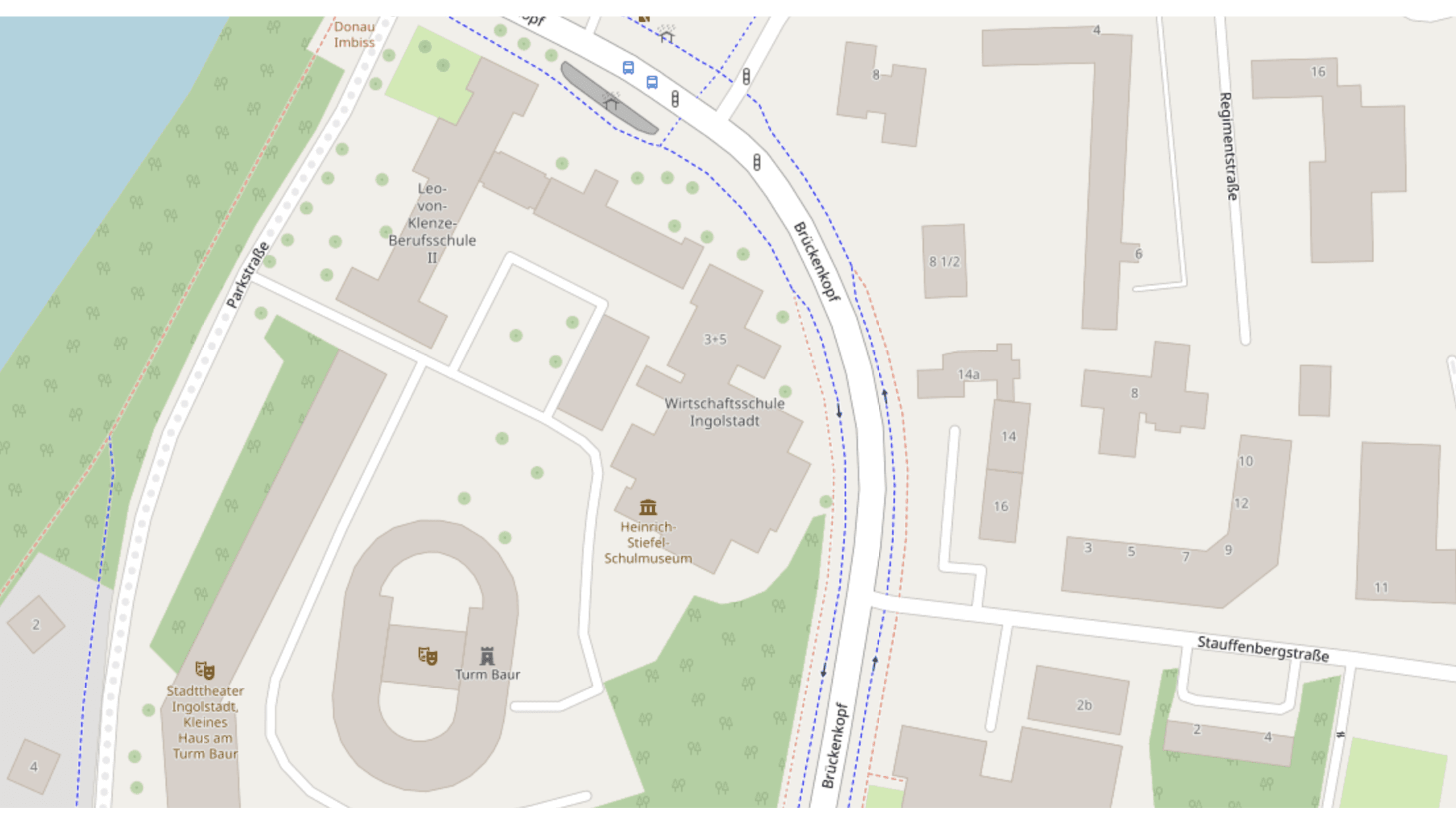 Das Bild zeigt eine Straßenkarte vom Ingolstädter Turm Baur um diesen zu finden 